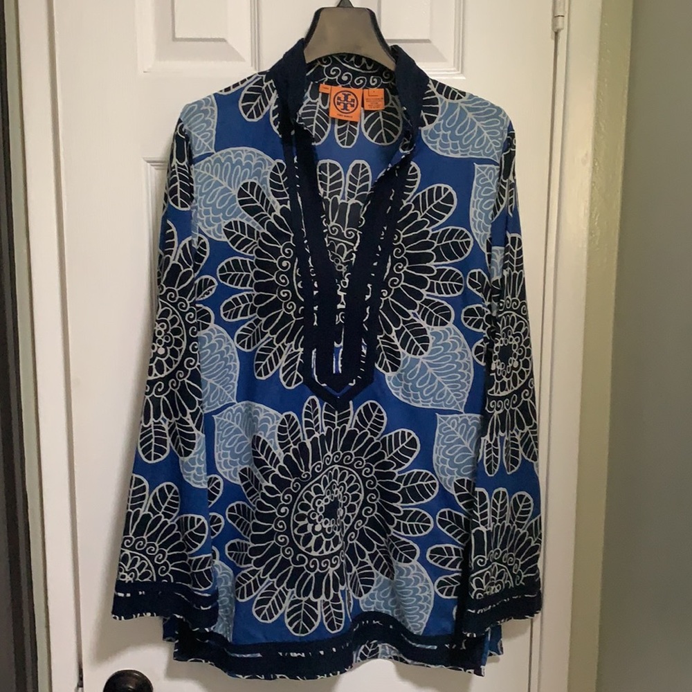 Tory Burch Blue Floral Tunic Size 4 Excellent Condition
